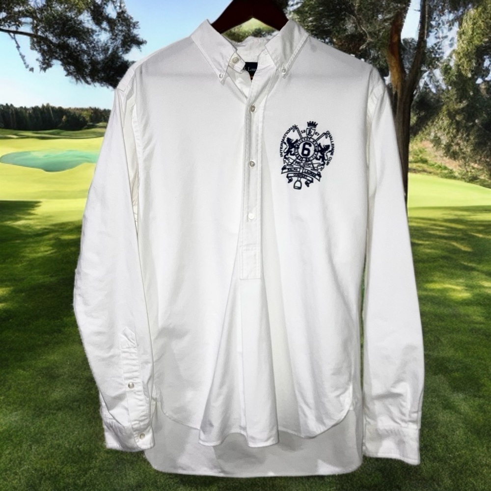 Ralph Lauren White Button Down Shirt Blue Challenge Cup Crest Oxford Poplin Sz M